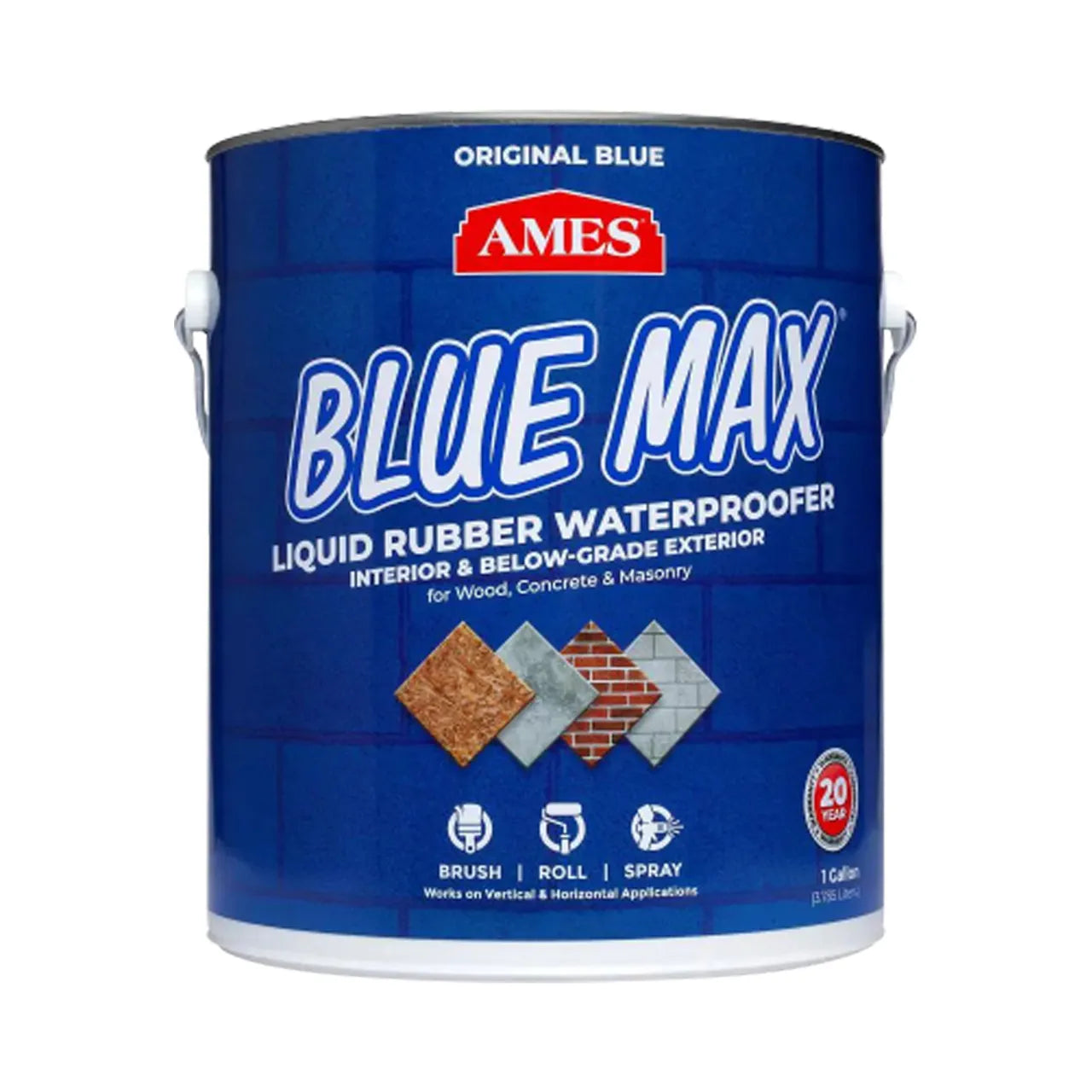 A 1-gal. can of Go Build Blue Max Basement Waterproofing Sealer Regular Grade with blue label, showing wood, brick & concrete, plus brush/roll/spray icons—ideal for interior or exterior basement waterproofing.